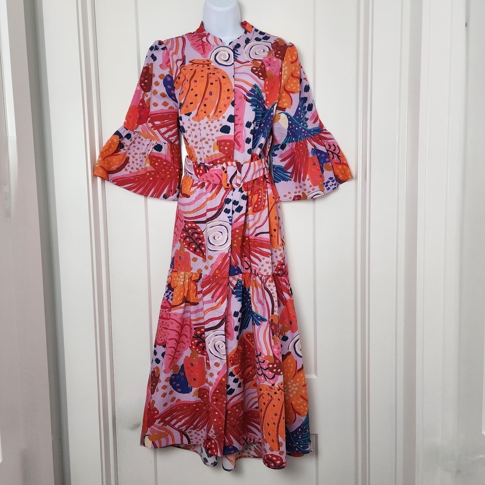 Farm Rio Tropical Print Belted Midi Dress M Pink Orange Bell Sleeve Resortwear - Picture 2 of 16
